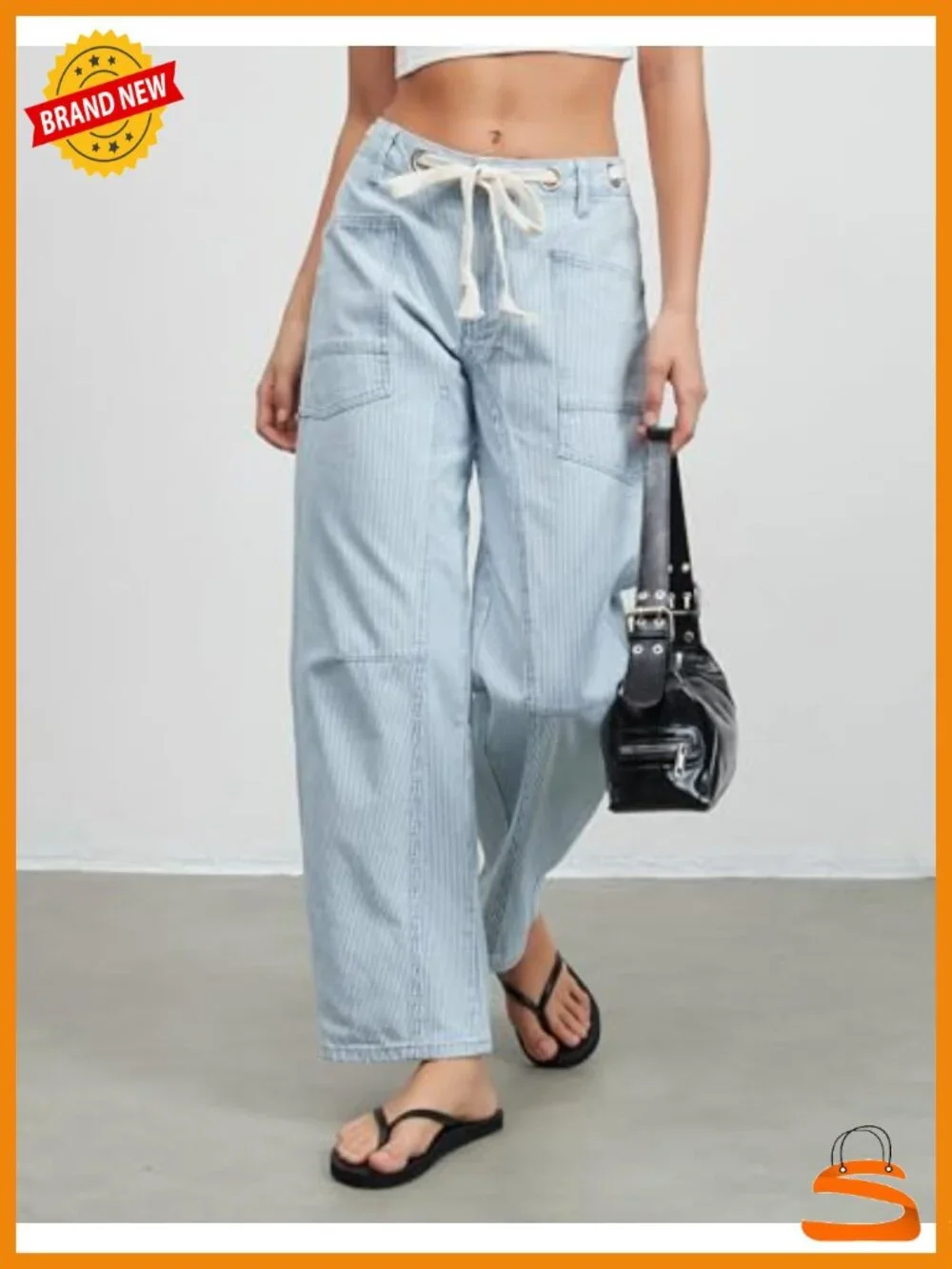 Striped Barrel Jeans Mid Rise Wide Leg Baggy Y2K Loose Drawstring Casual Pants
